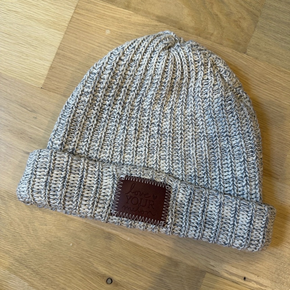 Love Your Melon Grey Knit Beanie with Leather Patch